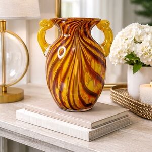 Murano Style Art Glass Case Amber Red‎ Swirl 8" Hand Blown With Handles